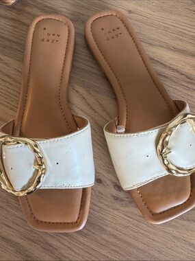 a new day Cream Slide Sandals with Gold Buckle